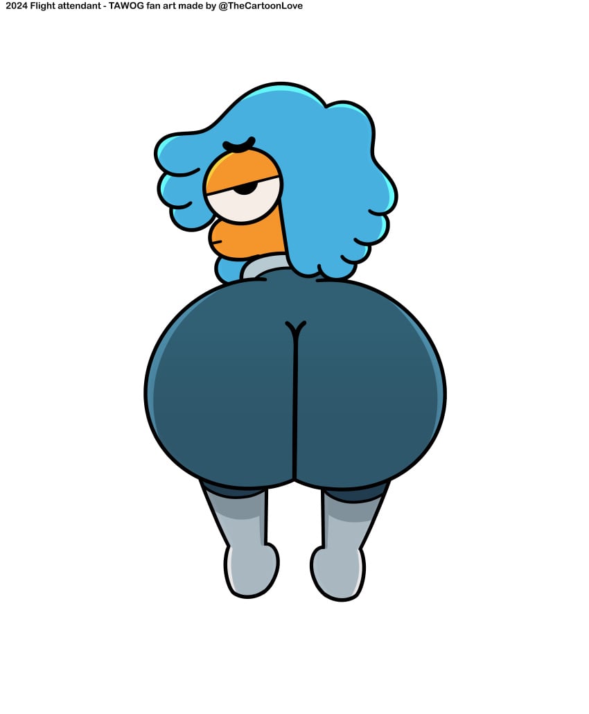 ass_focus back_view big_ass big_butt blue_hair cartoon_network clothed clothing crouching flight_attendant_(the_amazing_world_of_gumball) looking_back orange_skin spandex spandex_pants the_amazing_world_of_gumball the_cartoon_love thick_ass tight_pants zoom_in