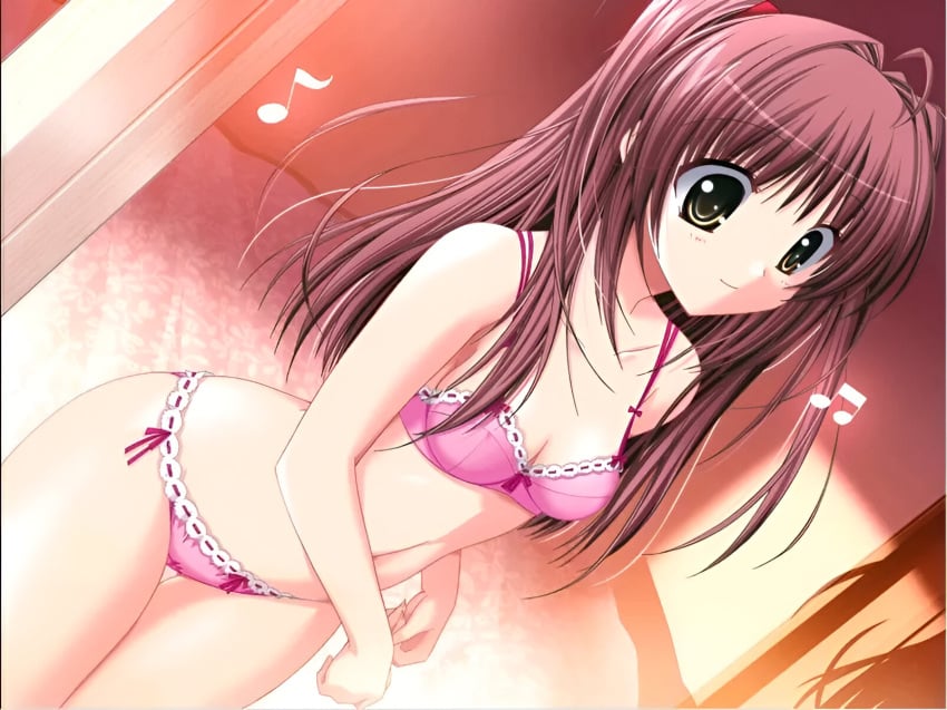 ahoge anejiru ass_visible_through_thighs bare_arms bare_belly bare_legs bare_shoulders bare_thighs belly_button bra breasts brown_eyes brown_hair choco_chip cleavage closed_mouth collarbone game_cg hair_ribbon indoors long_hair official_art panties pink_bra pink_panties shiny_skin shirakawa_anzu small_breasts smile standing thighs twintails underwear underwear_only undressing