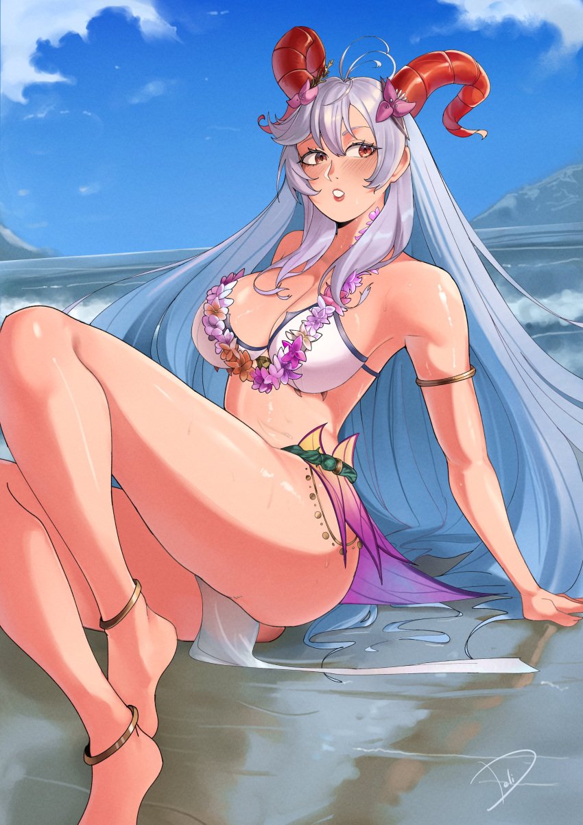 1girls alternate_costume arm_support bare_arms bare_legs bare_midriff bare_shoulders barefoot beach bikini blue_hair breasts cleavage collarbone deliciousbra female female_only fire_emblem fire_emblem_heroes flower flower_necklace freyja_(fire_emblem) freyja_(summer)_(fire_emblem) gradient_hair grey_hair horns large_breasts legs long_hair looking_to_the_side midriff multicolored_hair nintendo ocean official_alternate_costume pelvic_curtain red_eyes shoulders sitting solo swimsuit very_long_hair water white_bikini white_swimsuit