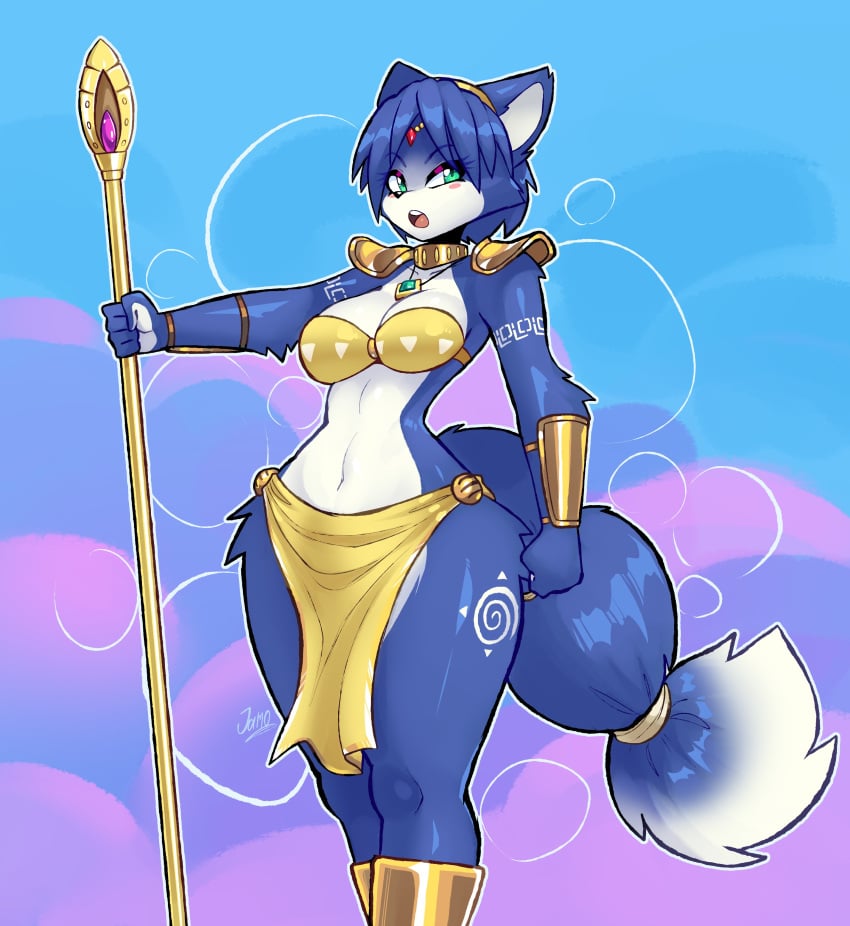 1girls anthro armor belly belly_button blush breasts female female_only hips jamoart krystal necklace nintendo star_fox tail wide_hips