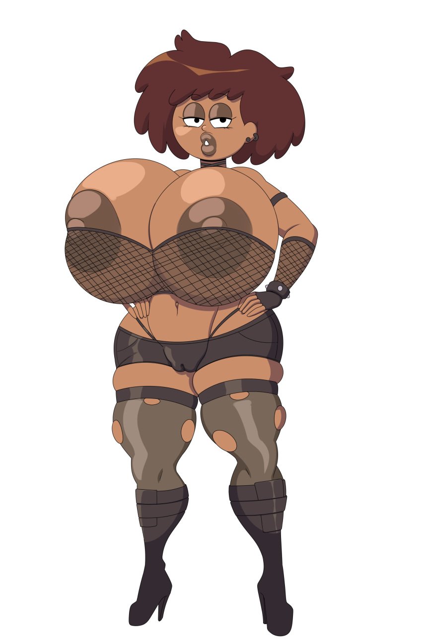 1girls amphibia anne_boonchuy asian_female big_lips bimbo bimbo_lips bimbofication breasts_bigger_than_head brown_hair disney disney_channel earrings hands_on_hips high_heels huge_breasts huge_nipples shorts stockings thai thong turboranger white_background