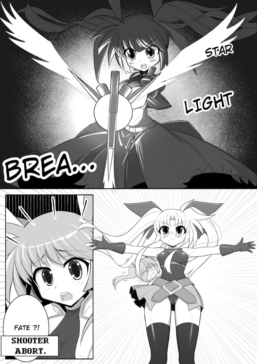 1futa 2girls bodysuit comic fate_testarossa female futa_on_female futanari magical_girl magical_girl_outfit mahou_shoujo_lyrical_nanoha mahou_shoujo_lyrical_nanoha_strikers manga manga_page monochrome onion_jigoku original_character pussy_juice_trail takamachi_nanoha