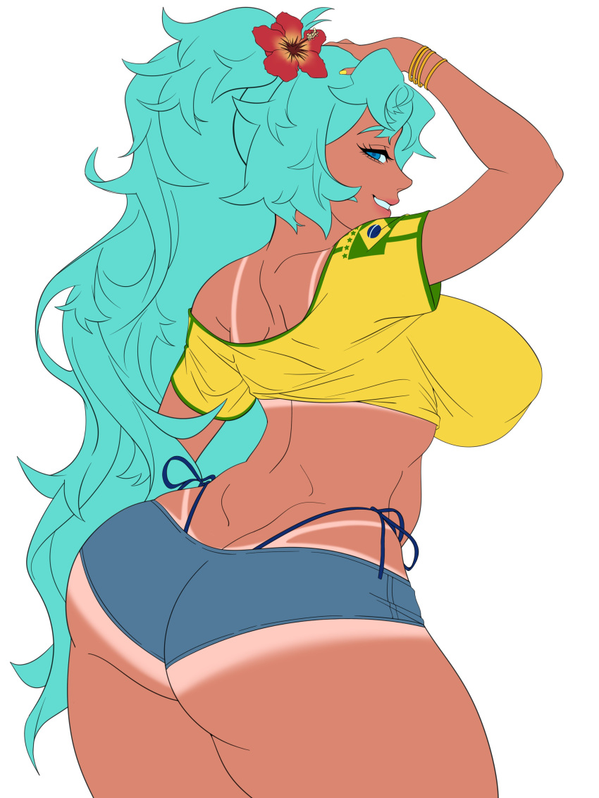 1girls ass big_ass big_breasts big_thighs bombusaya brazil brazilian brazilian_female brazilian_miku breasts butt cyan_eyes cyan_hair female female_only hatsune_miku huge_ass huge_breasts huge_thighs latin_american_hatsune_miku_(meme) long_hair looking_at_viewer shirt shorts solo tagme tan tan_body thick_hips thick_thighs thighs thong twintails vocaloid white_background yellow_shirt