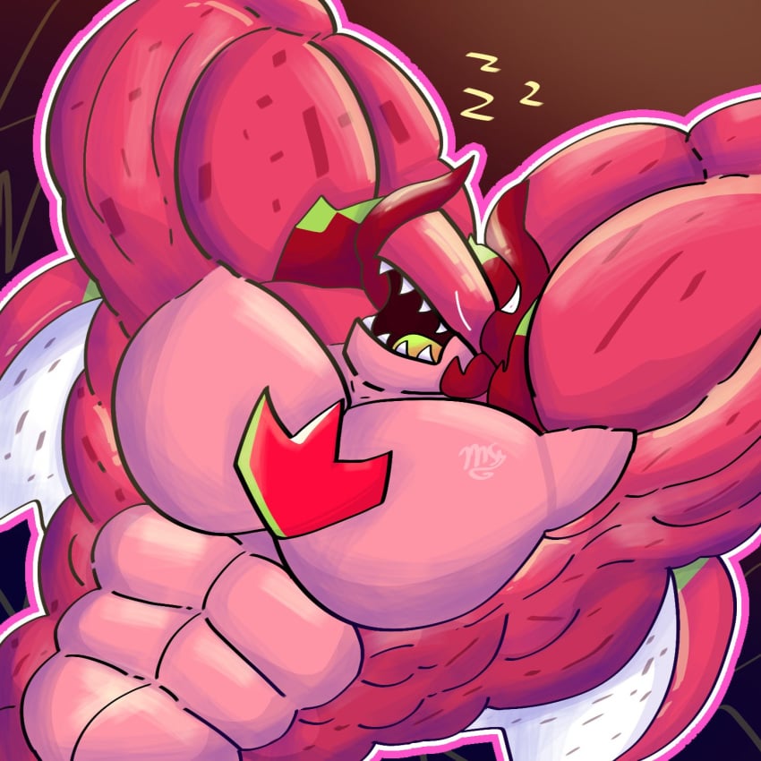 abs bara cookie_run dragon dragon_fruit gay messy_slimey muscle_bottom muscles pink_skin pitaya_dragon_cookie sleeping