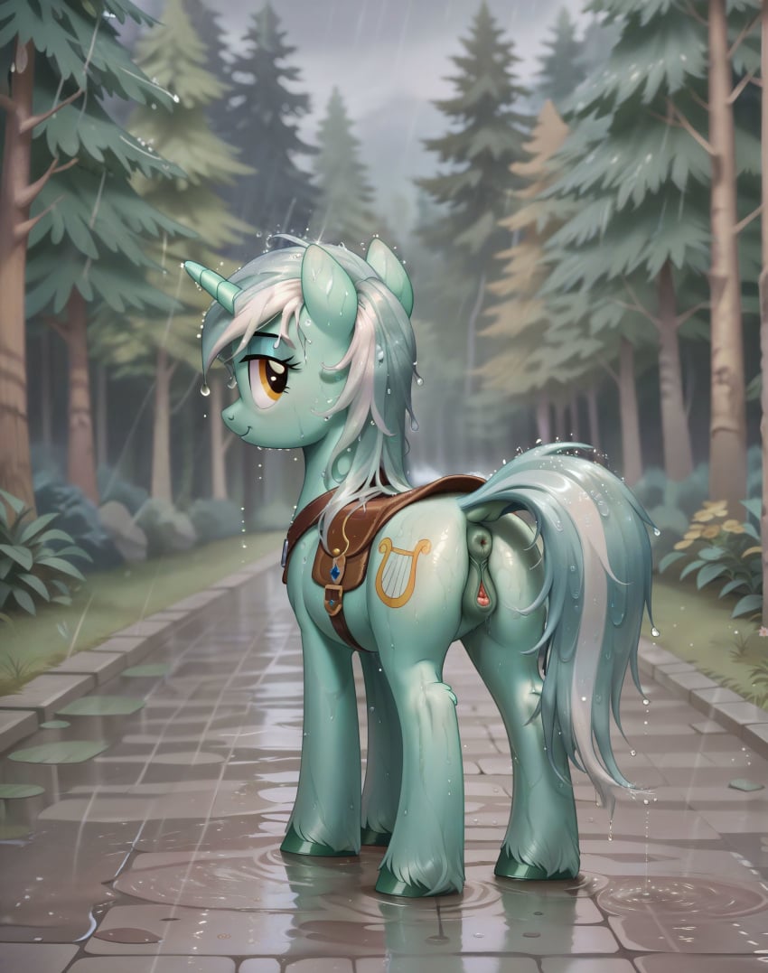 ai_generated animal_genitalia animal_pussy anus ass cutie_mark dock equine_genitalia equine_pussy feral feral_only friendship_is_magic fur green_body green_fur hasbro lyra_heartstrings_(mlp) my_little_pony pussy smile tail