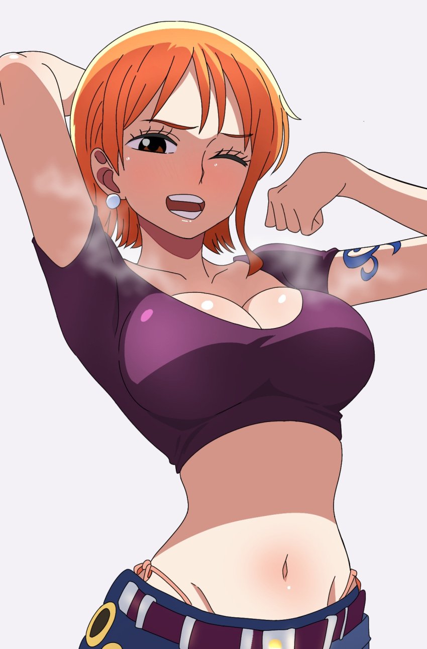 arms_up breasts female female_only huge_breasts large_breasts midriff nami nami_(one_piece) one_piece pre-timeskip side-tie_panties sora_iro2_1 whale_tail_(clothing)