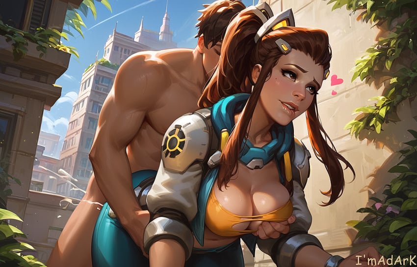 1boy 1girls ai_generated big_breasts big_thighs blizzard_entertainment brigitte brown_hair clothed_sex cum_inside doggy_style grabbing_breasts heart large_breasts lip_bite overwatch overwatch_2 ponytail ripped_clothing sex_from_behind