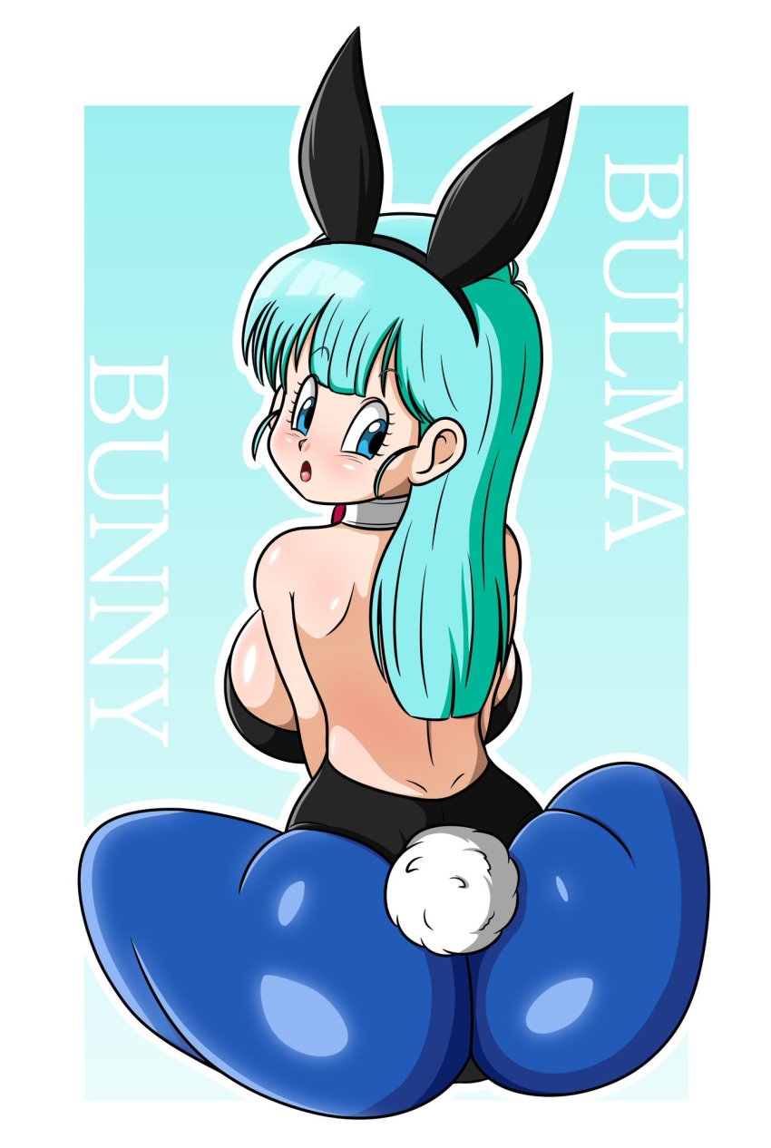 artist_request ass ass_focus blue_eyes blue_hair blue_pantyhose bodysuit breasts bulma bulma_(bunny) bulma_briefs bunny_ears bunny_tail bunnysuit character_name dragon_ball dragon_ball_(classic) english_text fake_animal_ears fake_bunny_ears female female_only from_behind large_breasts long_hair looking_back looking_over_shoulder sitting solo source_request teal_hair teenage_bulma