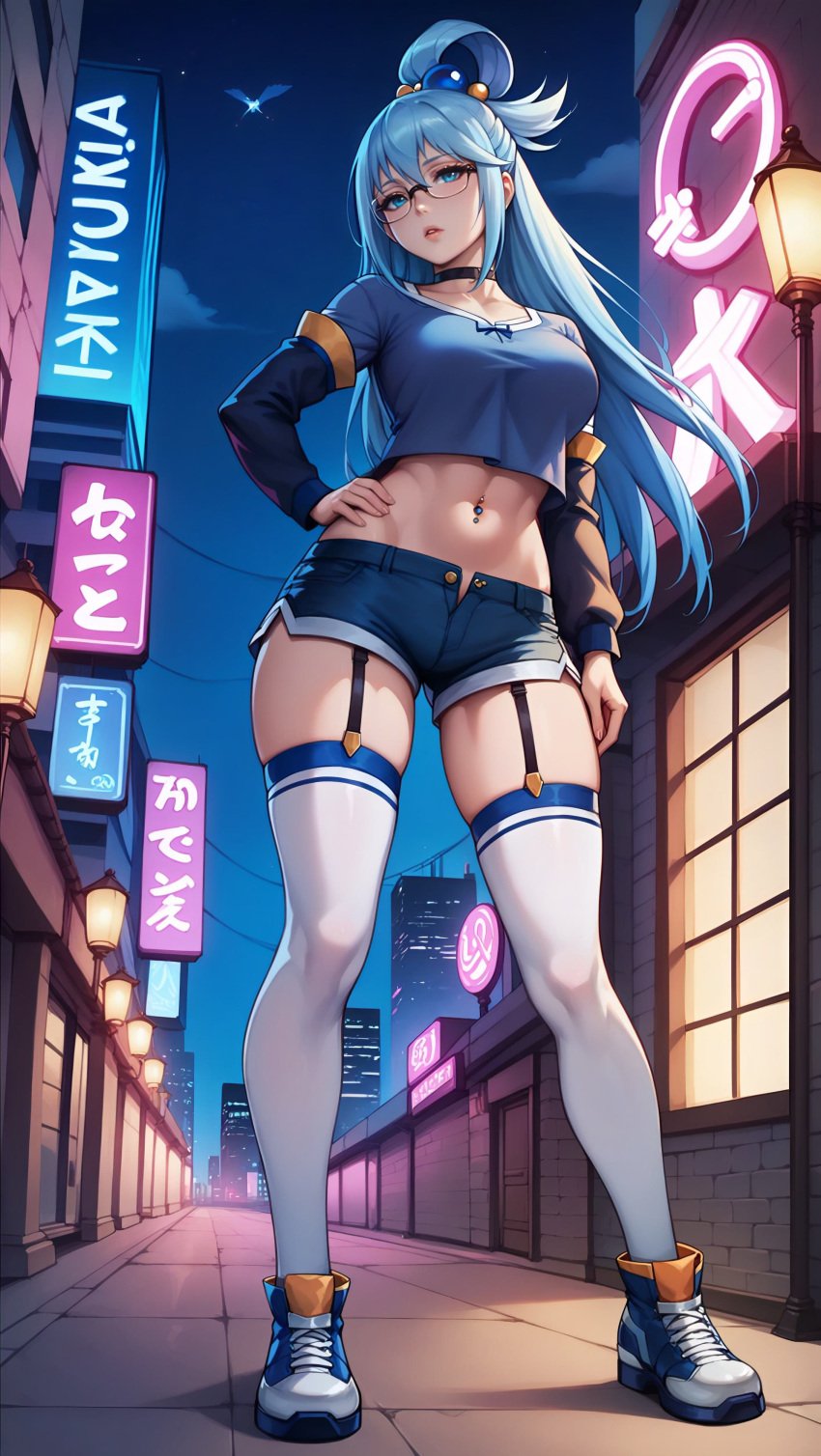 ai_generated aqua_(konosuba) aqua_eyes aqua_hair breasts city city_background cityscape depth_of_field expressionless focus full_body glasses hand_on_hip kono_subarashii_sekai_ni_shukufuku_wo! light light_body light_skin lips long_hair long_sleeves navel navel_piercing neon_lights pose posing posing_for_the_viewer seductive seductive_look seductive_pose shiny shoes sky4maleja thighhighs