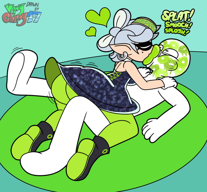 1boy 1girls ass big_lips butt fully_clothed green_lipstick heart huge_lips kiss_mark kissing large_ass lipstick_mark marie_(splatoon) smooch splatoon vrrychrry17 watermark