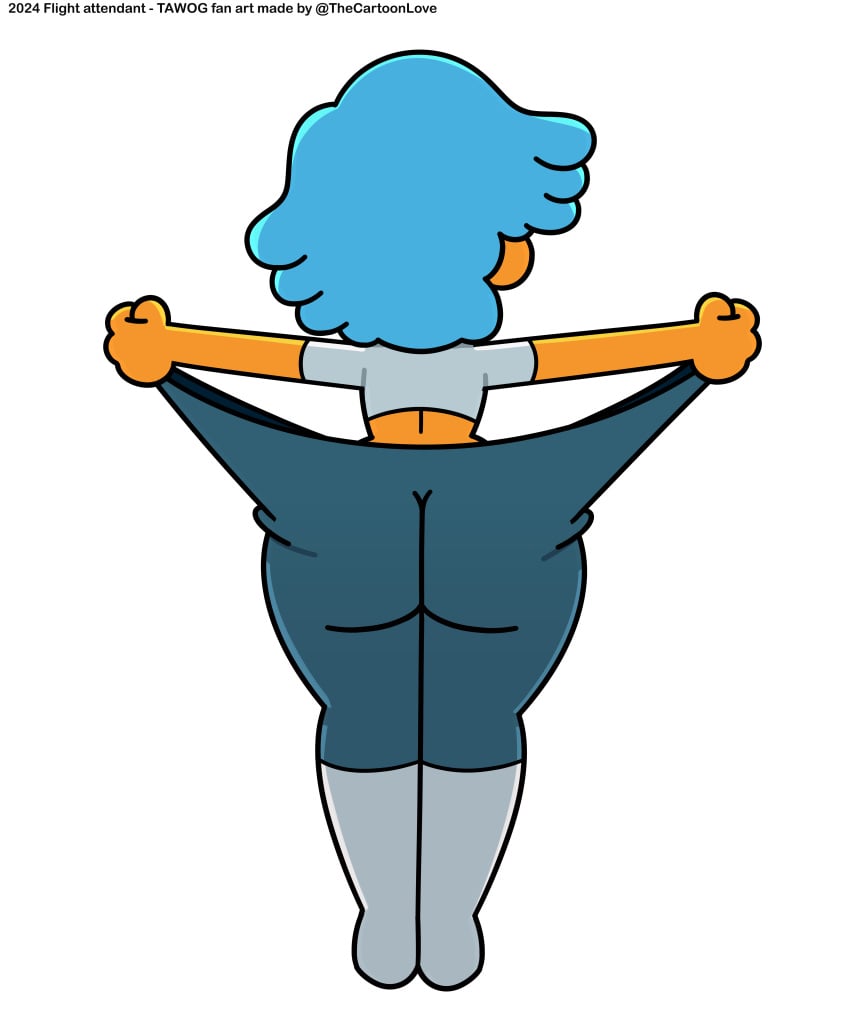 ass back_view big_butt blue_hair cartoon_network clothed clothing flight_attendant_(the_amazing_world_of_gumball) grabbing_pants legs_together orange_skin spandex spandex_pants the_amazing_world_of_gumball the_cartoon_love thick_hips