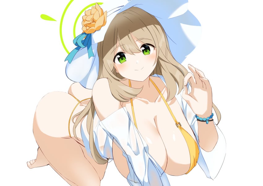 absurdres abydos_high_school_student ars_(pixiv74346033) ass bare_shoulders bikini blue_archive blush bracelet breasts cleavage collarbone female flower foreclosure_task_force_(blue_archive) green_eyes halo hat hat_flower highres jewelry large_breasts light_brown_hair long_hair long_sleeves looking_at_viewer nonomi_(blue_archive) nonomi_(swimsuit)_(blue_archive) open_clothes see-through see-through_shirt shirt smile solo sun_hat swimsuit thighs white_hat yellow_bikini