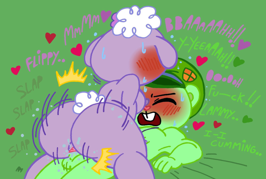 1boy 1girls bear bleating bodily_fluids buckteeth cowgirl_position dialogue eyes_closed female flippy_(htf) happy_tree_friends lammy_(htf) lilli_villa male riding sex sheep straight text vaginal vaginal_penetration vaginal_sex