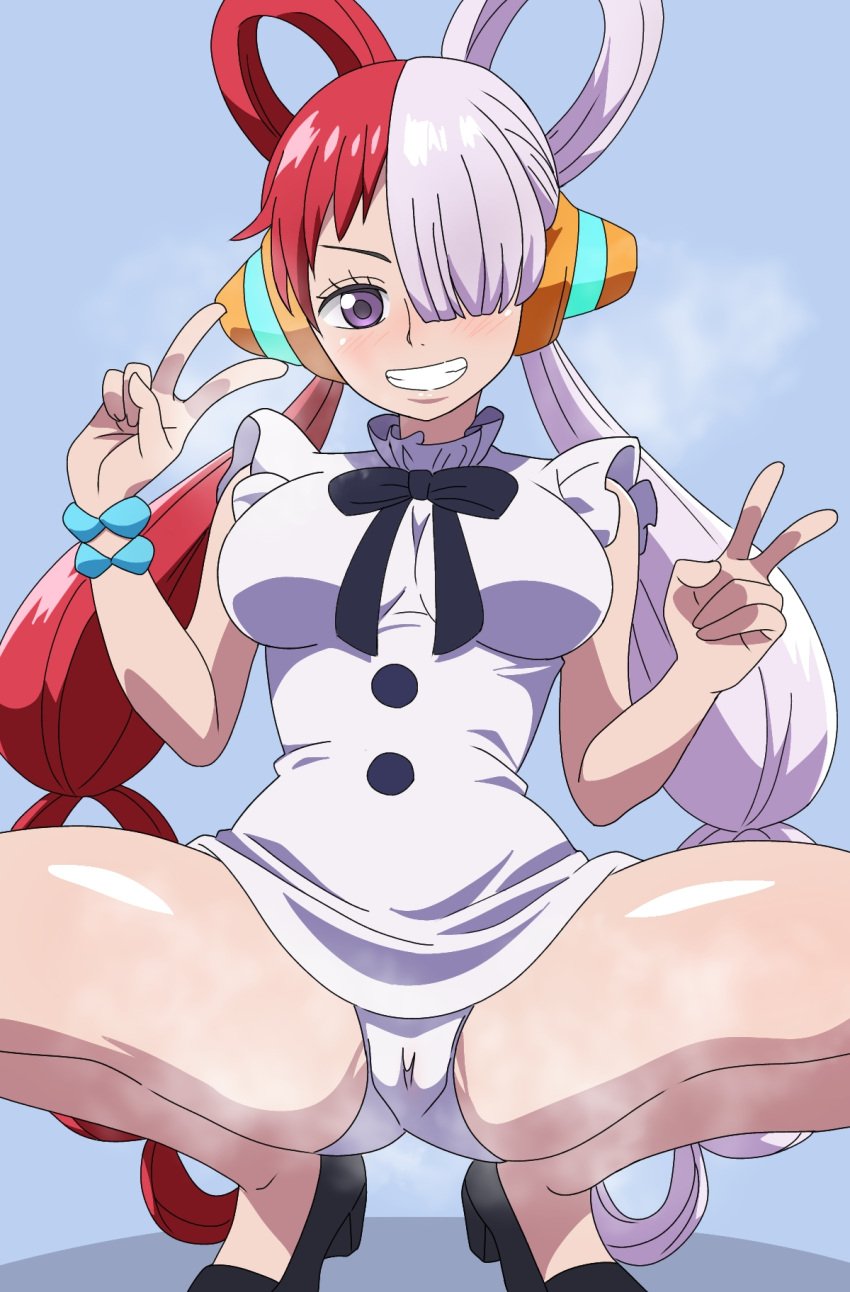 female female_only one_piece panties peace_sign pussy_visible_through_panties sora_iro2_1 squatting tagme thick_thighs uta_(one_piece)