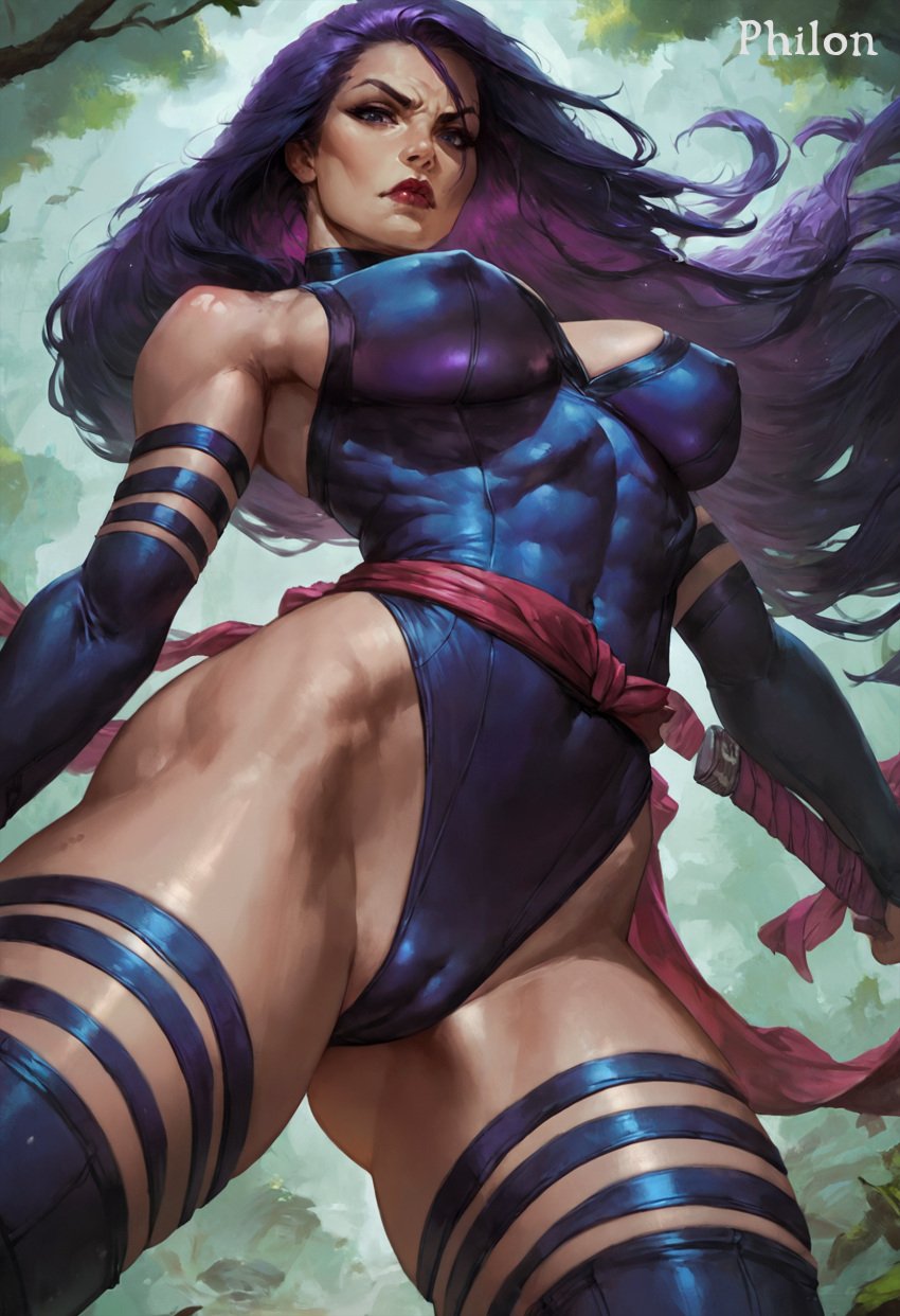 1girls abs ai_generated bare_shoulders blue_leotard breasts cameltoe covered_nipples elbow_gloves from_below gloves highleg highleg_leotard impossible_leotard large_breasts leotard lips lipstick long_hair looking_at_viewer makeup marvel marvel_comics muscular muscular_female philon psylocke purple_eyes purple_hair sash solo solo_female stable_diffusion thick_thighs thigh_strap thighhighs thighs toned