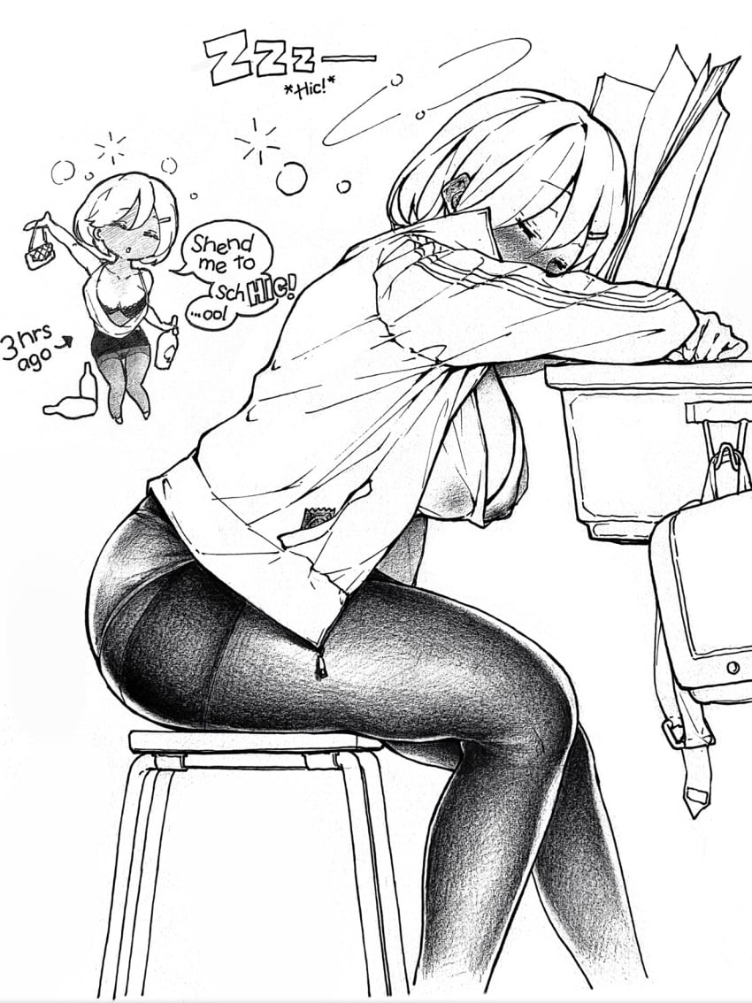 alcohol alcoholic big_breasts black_and_white black_stockings blush college college_student curvaceous curvy curvy_figure desk drunk drunk_bubble female female_focus hiccuping huge_breasts large_breasts le.c loose_clothes monochrome original original_character school_desk sleeping solo solo_female thick thick_ass thick_thighs wardrobe_malfunction wine_bottle