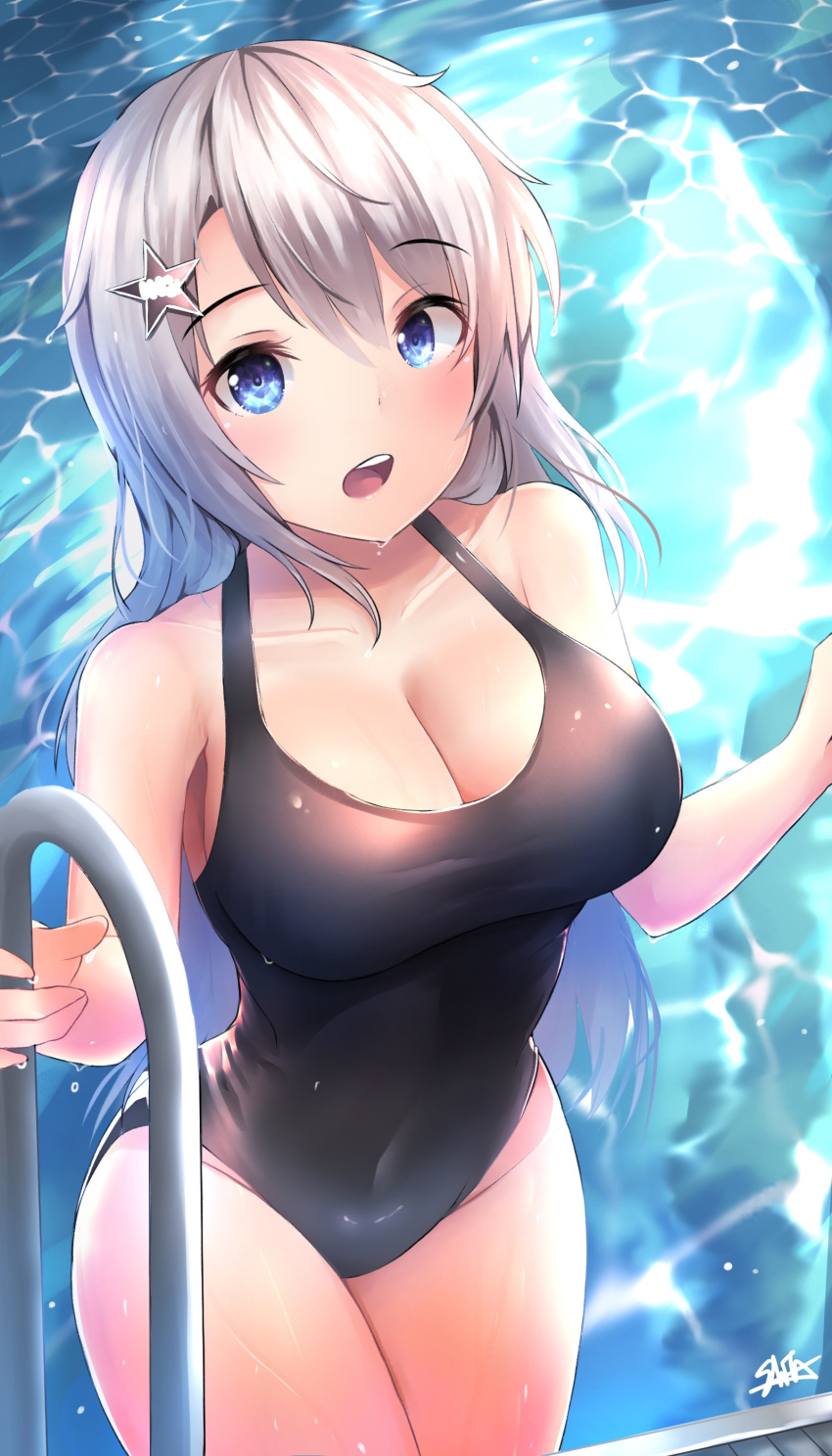 1girls 9a-91_(girls_frontline) :o bangs bare_shoulders big_breasts black_swimsuit blue_eyes blush breasts cleavage climbing getting_out_of_pool girls'_frontline hair_between_eyes hair_ornament large_breasts long_hair looking_at_viewer one-piece_swimsuit open_mouth pool pool_ladder silver_hair star_hair_ornament swimsuit teeth tongue very_long_hair wet