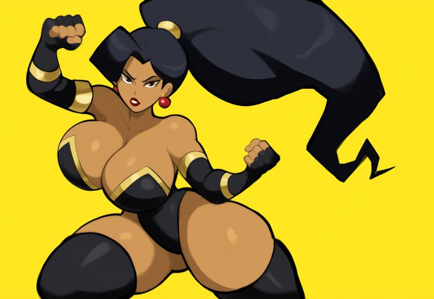 ai_generated black_hair corset dark-skinned_female dark_skin dc dc_comics evil large_breasts mullon novelai ponytail supervillain supervillainess superwoman thick_thighs thighhighs