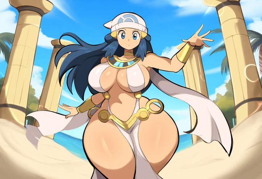 ai_generated costume dawn_(pokemon) desert egyptian_clothes female large_breasts mullon novelai pokemon pokemon_dppt revealing_clothes solo thick_thighs