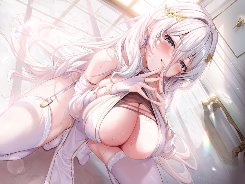 4:3_aspect_ratio bangs bare_shoulders blue_eyes blush breasts bridal_gauntlets china_dress chinese_clothes cleavage clothes_pull clothing detached_sleeves dress dutch_angle earrings female female female_only garter_straps gloves grin hair_between_eyes hair_ornament high_resolution huge_breasts indoors jewelry kokuto_(kurousagi1210) large_breasts legwear lingerie long_hair looking_at_viewer nipples no_bra original pelvic_curtain see-through smile solo squatting stockings sweat thighhighs thighs tied_hair underwear very_long_hair viewed_from_above white_dress white_hair white_legwear white_thighhighs