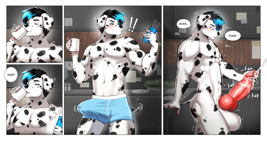 absurd_res animal_genitalia animal_penis anthro balls big_balls big_penis bluch blue_hair blush bodily_fluids bulge canid canine canine_genitalia canine_penis canis clothing container cum cup dalmatian dante_(gertgrg) domestic_dog drinking electronics fur genital_fluids genitals hair hi_res kitchen male mammal markings masturbation mug penis phone red_eyes solo speech_bubble spots spotted_body spotted_fur tail text underwear