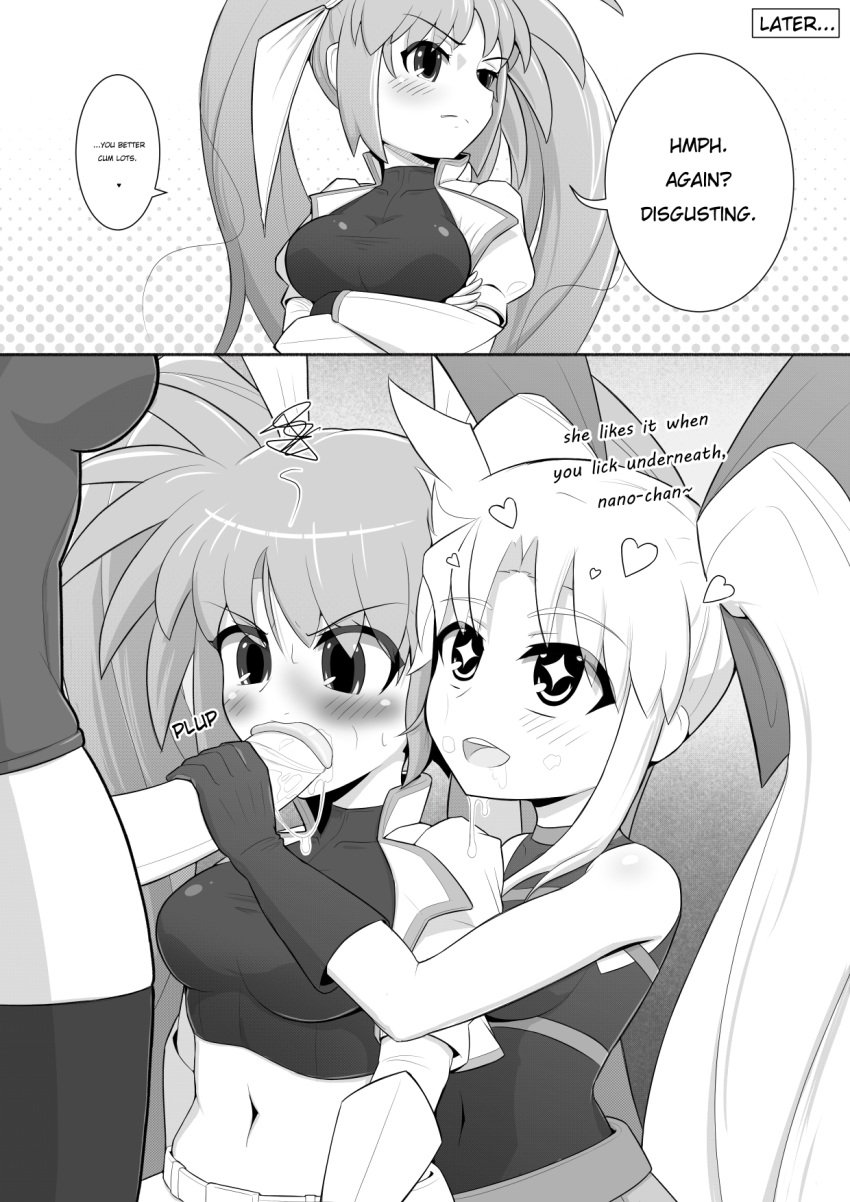 1futa 2girls blowjob bodysuit coaching comic fate_testarossa female futa_on_female futanari helping_hand lyrical_nanoha magical_girl magical_girl_outfit mahou_shoujo_lyrical_nanoha manga manga_page monochrome nanoha_takamachi onion_jigoku original_character self_upload wasp_girl_(onion_jigoku)