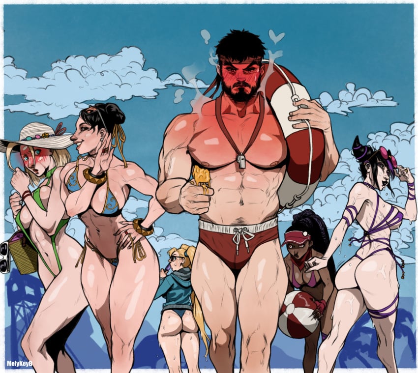 beach big_ass big_breasts bikini black_hair blonde_hair cammy_white capcom chun-li dark_skin embarrassed_male juri_han kimberly_jackson lifeguard male melykeyb multiple_girls muscular_female rainbow_mika ryu_(street_fighter) street_fighter street_fighter_6 street_fighter_v white_skin