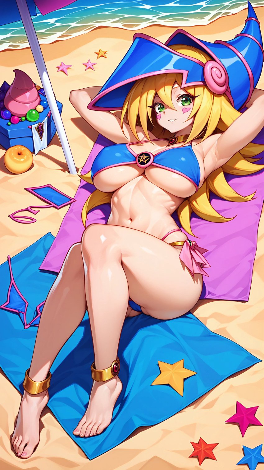 ai_generated armpits arms_up ass beach beach_towel belly_button big_breasts bikini bra breasts covered_pussy dark_magician_girl day daylight daytime detailed feet feet_focus feet_up full_body hands_behind_head hourglass_figure large_breasts long_legs lying lying_on_towel navel nsfw ocean ribs sky4maleja smile sunlight swimsuit thick_thighs thong thong_bikini thong_panties towel underboob underwear yu-gi-oh!