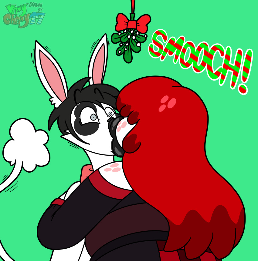 1boy 1girls anthro big_lips black_lipstick cabbit cat cherry_(vrrychrry17) hybrid kissing luhyzi mistletoe rabbit red_hair tamo_d’cabat vrrychrry17 watermark