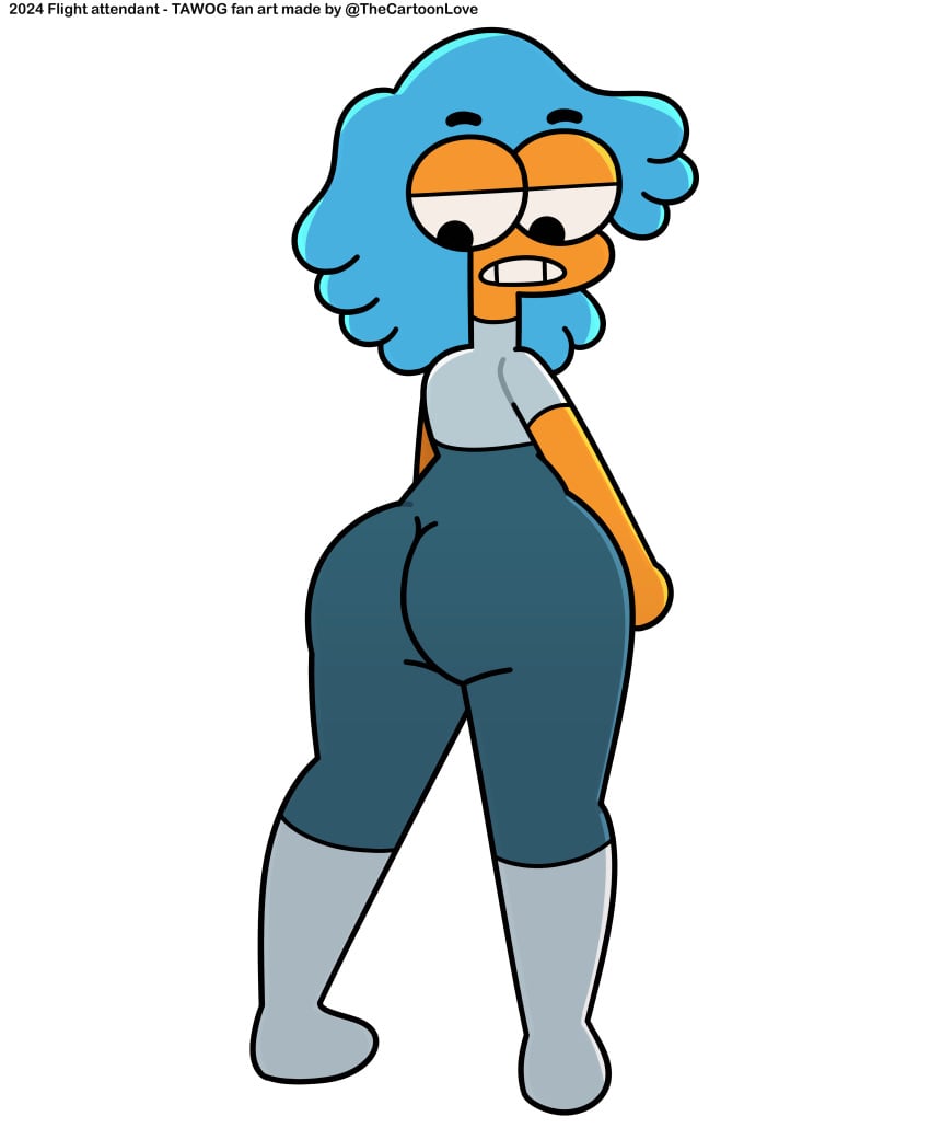 ass back_view big_butt blue_hair cartoon_network clothed clothing flight_attendant_(the_amazing_world_of_gumball) looking_ass looking_down orange_skin the_amazing_world_of_gumball the_cartoon_love thick_ass tight_clothing tight_pants