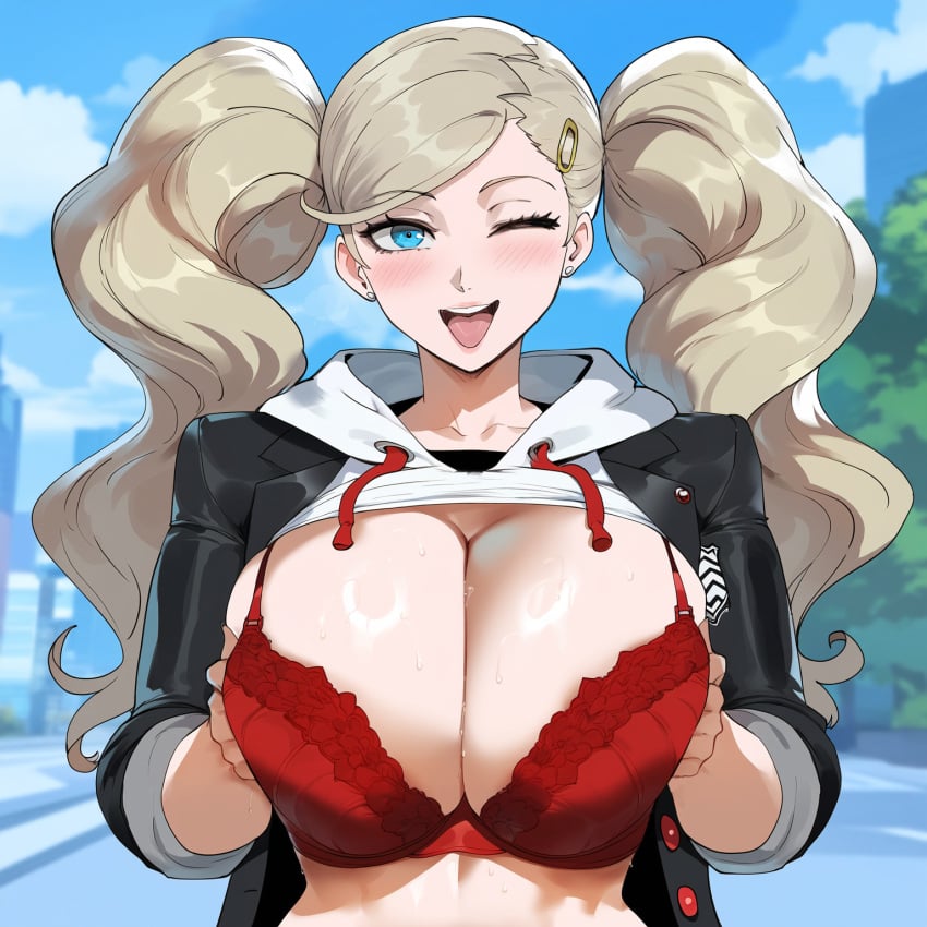 ai_generated ann_takamaki black_jacket blonde_hair blue_eyes bra cleavage clothes_lift creamy_ai curvy hood hoodie hoodie_lift jacket large_breasts narrow_waist one_eye_closed persona persona_5 red_bra shuujin_academy_uniform skirt upper_body