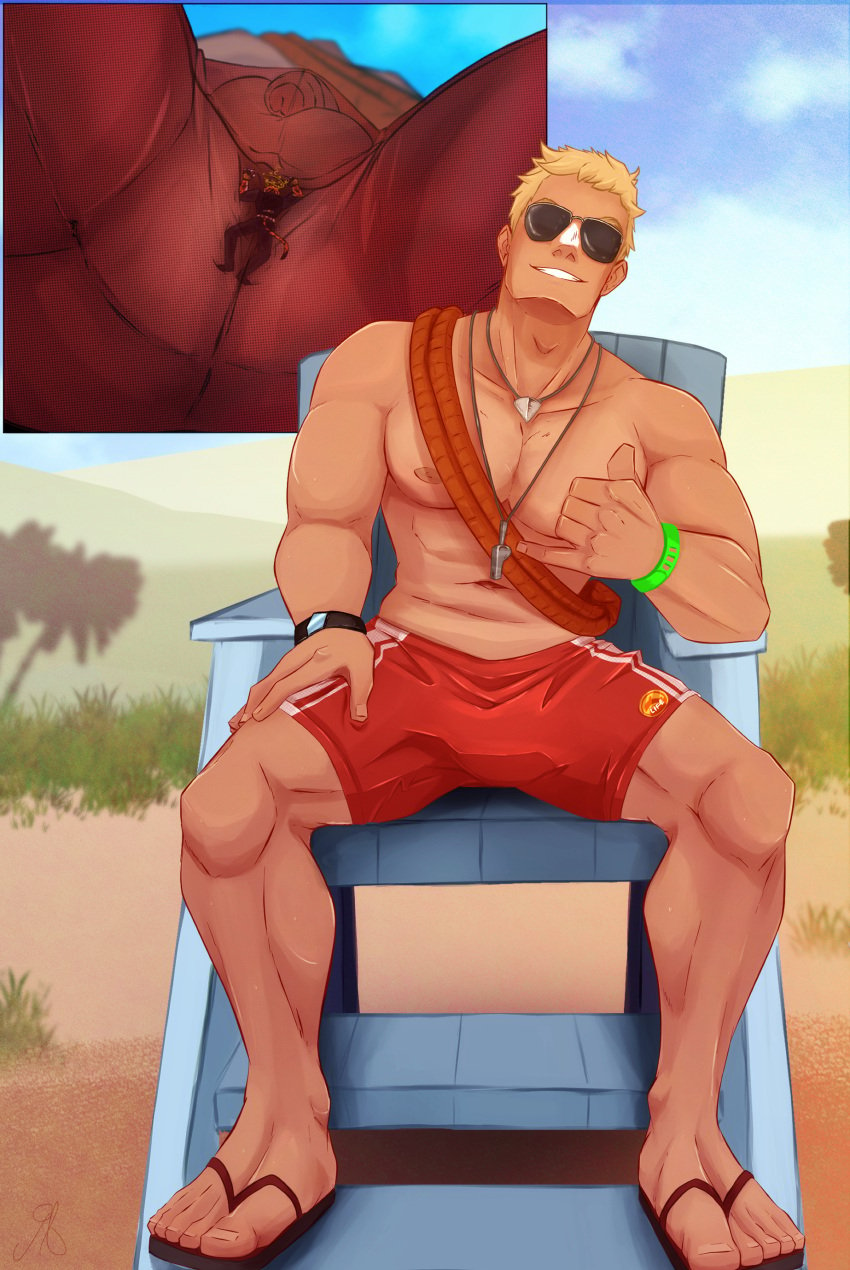 abs balls bara biceps big_balls big_penis blonde_hair clothing epic_games felid feline felis fortnite gay jonesy_(fortnite) macrophilia male male/male male_nipples male_only manly muscular_male nipples orange_fur oscar_(fortnite) pecs penis rinzlerjack size_difference sun_tan_specialist tiger