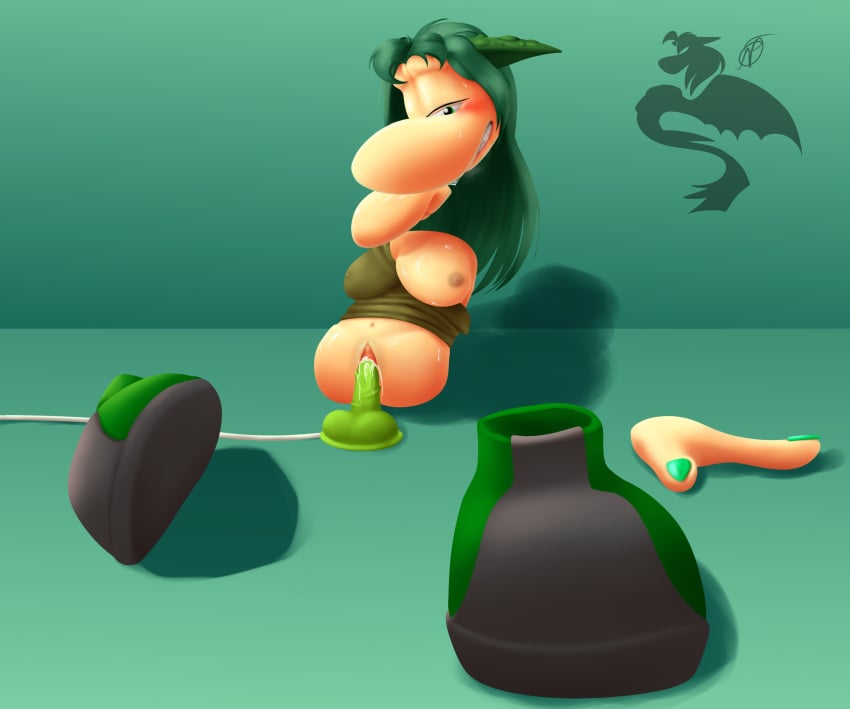 badraydragon creampie cum cum_in_pussy cum_inside cum_pump dildo fan_character green_hair humanoid nocnafifi rayman rayman_(series) rayman_oc riding_dildo self_insert sweat sweating_female