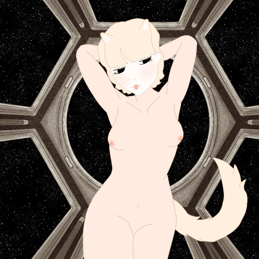 bedroom_eyes belly_button black_eyes blonde_hair blush cat_ears cat_tail catgirl facepaint fully_nude half_lidded_eyes jane_doe_(ride_the_cyclone) no_pubic_hair outer_space ride_the_cyclone self_upload solo variant_set