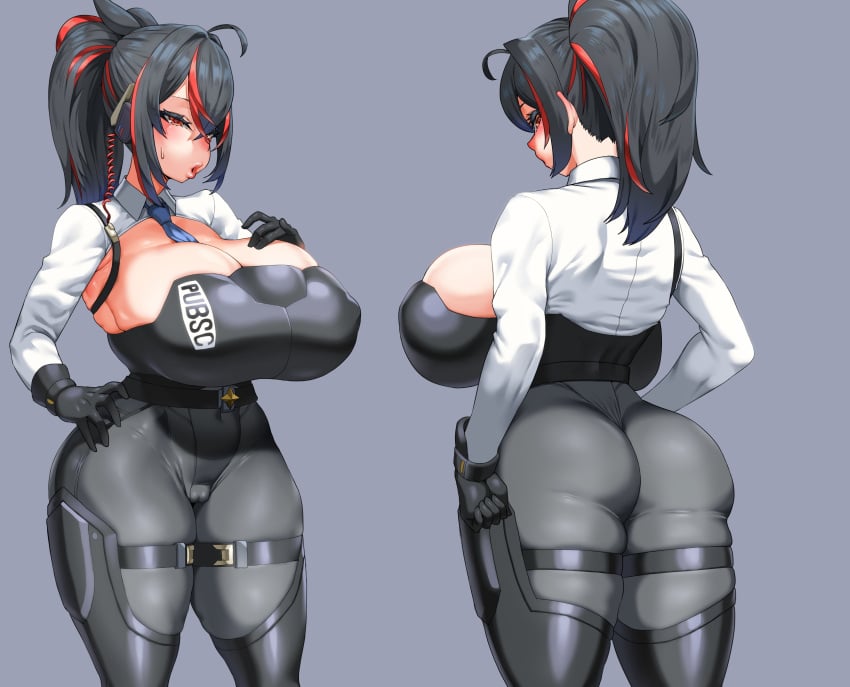 ass back black_gloves black_hair blush breasts cameltoe cleavage era_(erasion) female gloves grey_background highres huge_breasts long_hair multicolored_hair multiple_views parted_lips ponytail red_hair simple_background skin_tight streaked_hair sweatdrop two-tone_hair zenless_zone_zero zhu_yuan