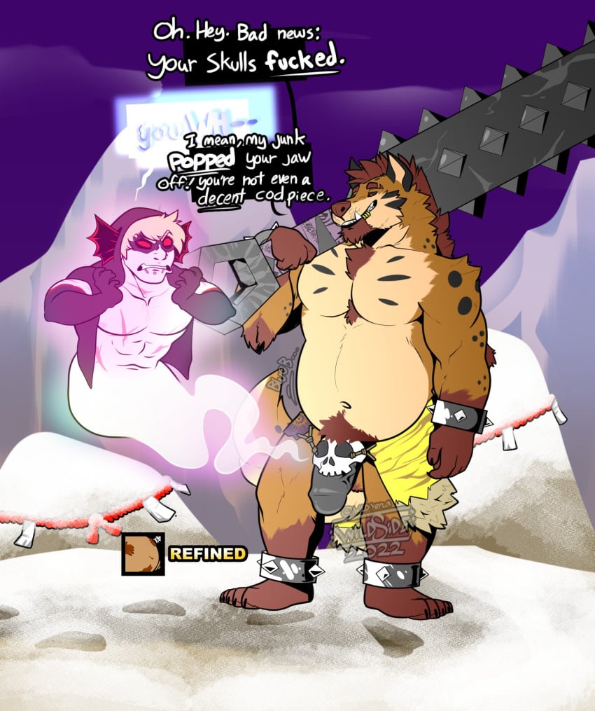 2022 adventurer after_vore anthro anthro_pred belly big_penis bludgeoning bone cape clothing dated digital_drawing_(artwork) digital_media_(artwork) english_text genitals ghost hi_res human hyena male male_anthro male_pred mammal mountain navel nude penis rock rumbling_stomach skull spikes spirit text vore watermark wild_(wildside) wildside