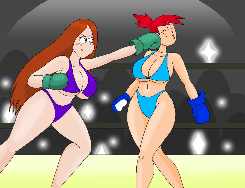 2girls big_breasts bikini blue_bikini blue_boxing_gloves blue_gloves boxing boxing_gloves boxing_ring breasts breasts_bigger_than_head catfight cleavage disney disney_channel disney_xd female female_only fight fighting_ring foster's_home_for_imaginary_friends frankie_foster gloves gravity_falls large_breasts legs light-skinned_female light_skin long_hair navel punching purple_bikini red_hair short_ponytail smile smilesaidboredgirl straight_hair swimsuit thighs turquoise_boxing_gloves turquoise_gloves wendy_corduroy white_female wide_hips