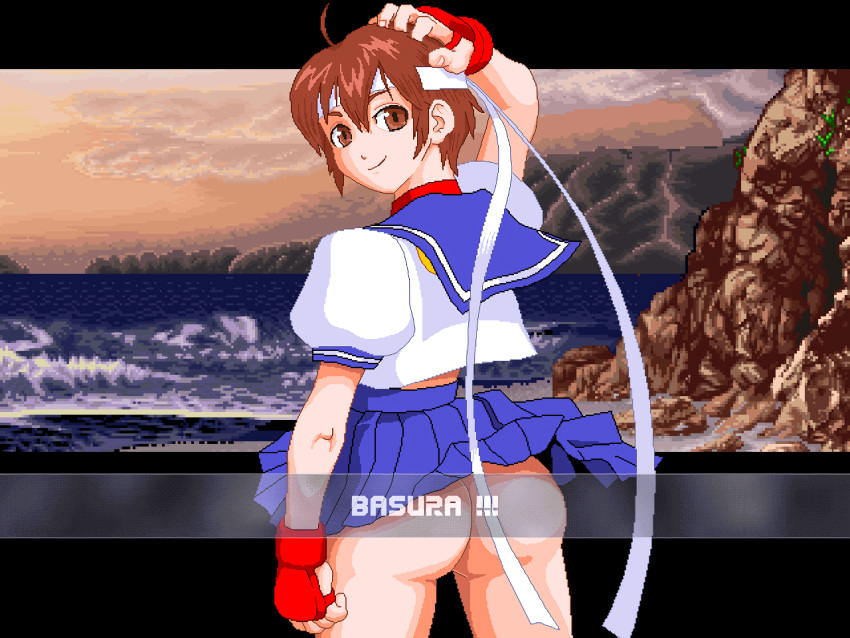 1girls ass back back_view black_background brown_eyes brown_hair capcom clothed cloud female female_focus female_only gauntlets hand_on_head headband letterboxed looking_at_viewer looking_back m.u.g.e.n pixel_art rocks sakura_kasugano school_uniform skirt skirt_up smile solo solo_focus spanish_text street_fighter text third-party_edit warnerc