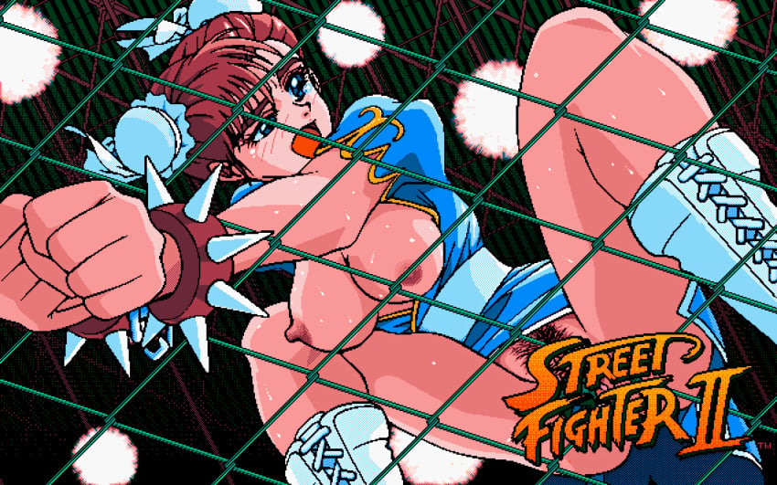 1girls 90s blue_eyes blush boots breasts brown_hair cage_match capcom convenient_censoring defeated eyebrows eyelashes female female_focus female_only fence fighting_ring from_below grabbing hair light logo nipples open_mouth pixel_art pubic_hair pussy solo solo_focus spiked_bracelet street_fighter street_fighter_ii tears text vagina video_games zenkure