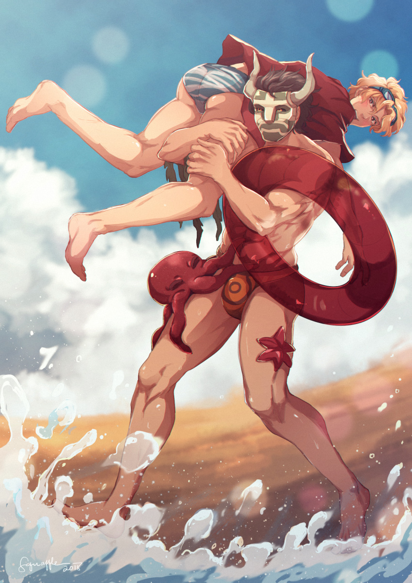 2boys bara beach big_dom_small_sub bigger_male fire_emblem fire_emblem:_new_mystery_of_the_emblem fire_emblem_echoes:_shadows_of_valentia fire_emblem_gaiden jesse_(fire_emblem) legion_(fire_emblem) male_only mask muscular_male octopus smaller_male tagme twink waves