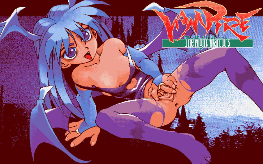 90s anus bat_wings blue_eyes capcom clitoris clothing darkstalkers eyebrows female female_focus female_only flat_chest legwear logo long_hair looking_at_viewer morrigan_aensland open_mouth pixel_art presenting presenting_pussy pussy ring sharp_teeth sitting sleeveless solo solo_focus spread_pussy spreading stockings teeth text tongue vagina video_games wings zenkure