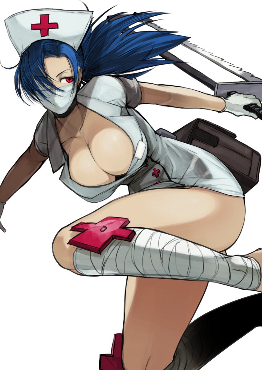 +_+ bandage blue_hair breasts cleavage comic female highres huge_breasts long_hair mask nishiide_kengorou nurse ponytail red_eyes saw simple_background skullgirls solo thighs valentine_(skullgirls) white_background