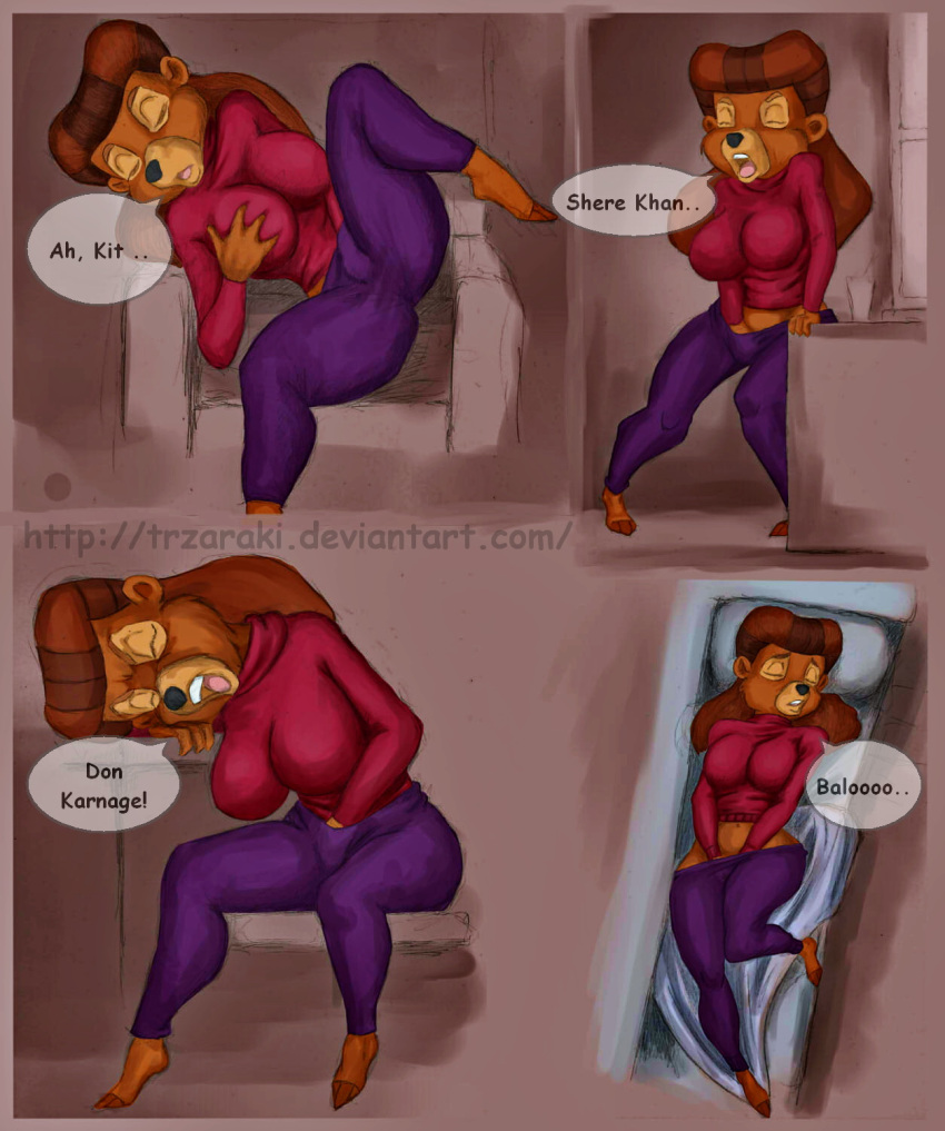 anthro breast_grab breasts brown_fur clothed clothing comic dialogue disney english_text female fur grope hand_on_breast hi_res in_heat mammal masturbation mature_female rebecca_cunningham solo talespin text ursid vaginal_masturbation vaginal_penetration vylfgor