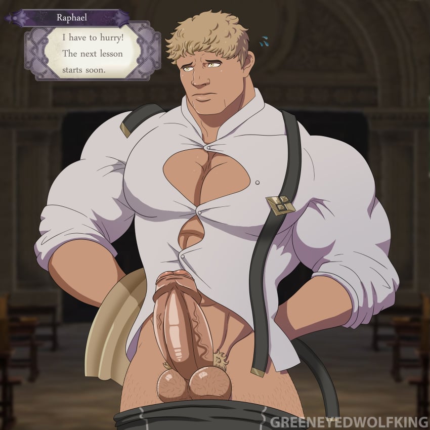 abs bara dialogue fire_emblem fire_emblem:_three_houses greeneyedwolfking human human_only male male_only penis raphael_kirsten solo text