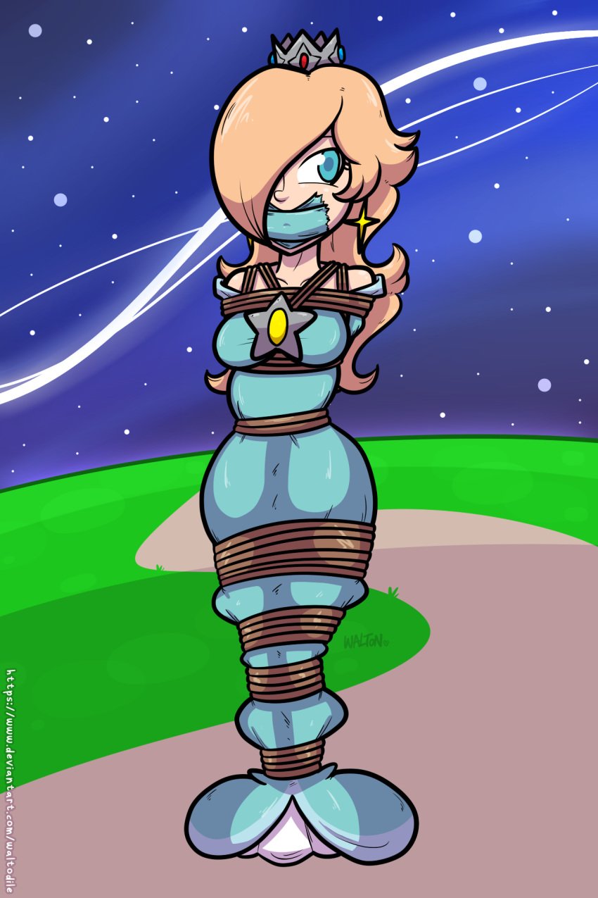 1girls blonde_hair blue_eyes blue_tape bondage bound crown dress earrings female female_only femsub gag gagged hair_over_one_eye human jewelry long_hair mario_(series) nintendo outdoors princess_rosalina rope rope_bondage solo super_mario_galaxy tape tape_gag taped_mouth waltodile