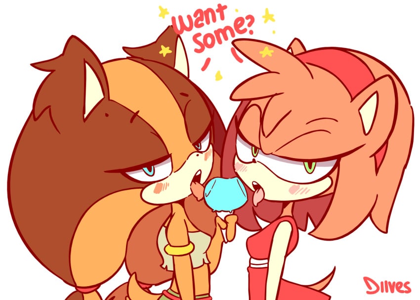 2girls amy_rose amy_rose_(boom) animated anthro blush breasts clothed clothing dialogue diives english_text female female_only fur furry furry_only short_playtime sonic_(series) sonic_boom sticks_the_badger sticks_the_jungle_badger sticks_the_tejon tail text