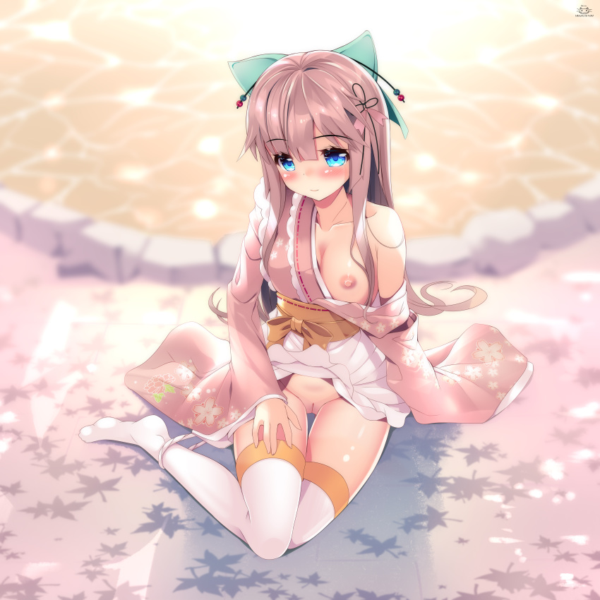 absurdres bangs blue_eyes blush bow breasts closed_mouth commentary_request green_bow hair_between_eyes hairbow highres japanese_clothes kimono long_hair long_sleeves natsumiya_yuzu nipples one_breast_out open_shirt pink_hair pussy thighhighs white_legwear