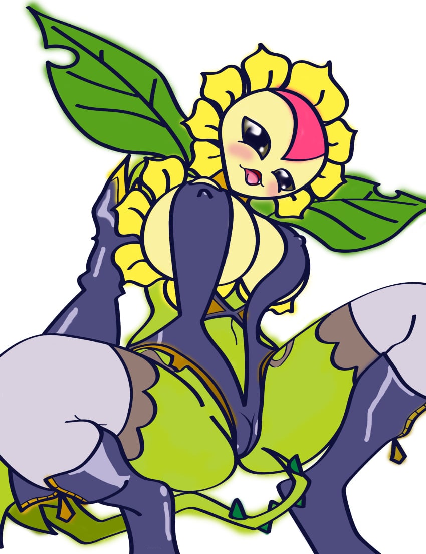 absurd_res big_breasts blush boots breasts cameltoe clothed clothing cosplay demon digimon digimon_(species) female flora_fauna flower flower_humanoid footwear gloves handwear hi_res humanoid konyuu_fantasy legwear living_flower looking_at_viewer nipple_bulge plant plant_humanoid pokies presenting presenting_crotch skimpy solo spread_legs spreading stockings sunflower sunflowmon voluptuous