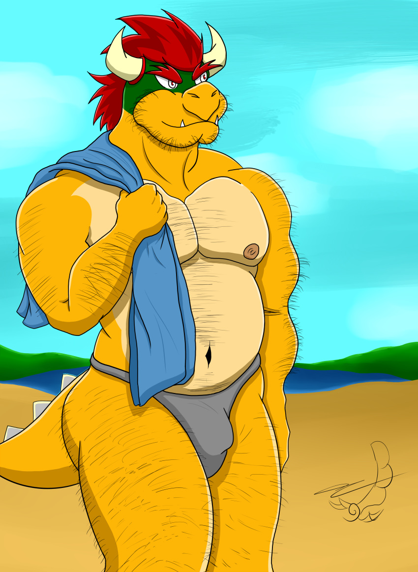 absurd_res anthro arm_hair beach beach_towel belly belly_scales body_hair bowser bulge chest_hair clothing facial_hair father hairy hi_res koopa leg_hair lil_slyorlando male male/male male_only mario_(series) nintendo parent reptile scales scalie seaside solo stomach_hair swimwear underwear video_games