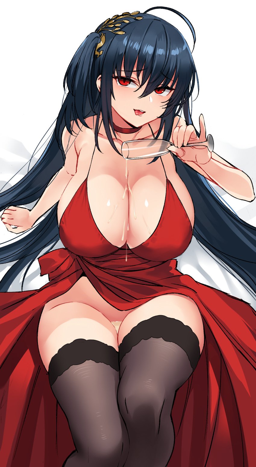 ahoge arm_support azur_lane bangs bare_shoulders black_hair black_legwear blush breasts choker clavicle cleavage cocktail_dress dress eyebrows_visible_through_hair female female hair_between_eyes hair_ornament high_resolution large_breasts long_hair looking_at_viewer ndgd_(bean1215) nopan one_side_up pouring_onto_self red_choker red_dress red_eyes simple_background sitting smile solo taihou_(azur_lane) taihou_(forbidden_feast)_(azur_lane) thighhighs tongue tongue_out very_high_resolution very_long_hair wakamezake white_background